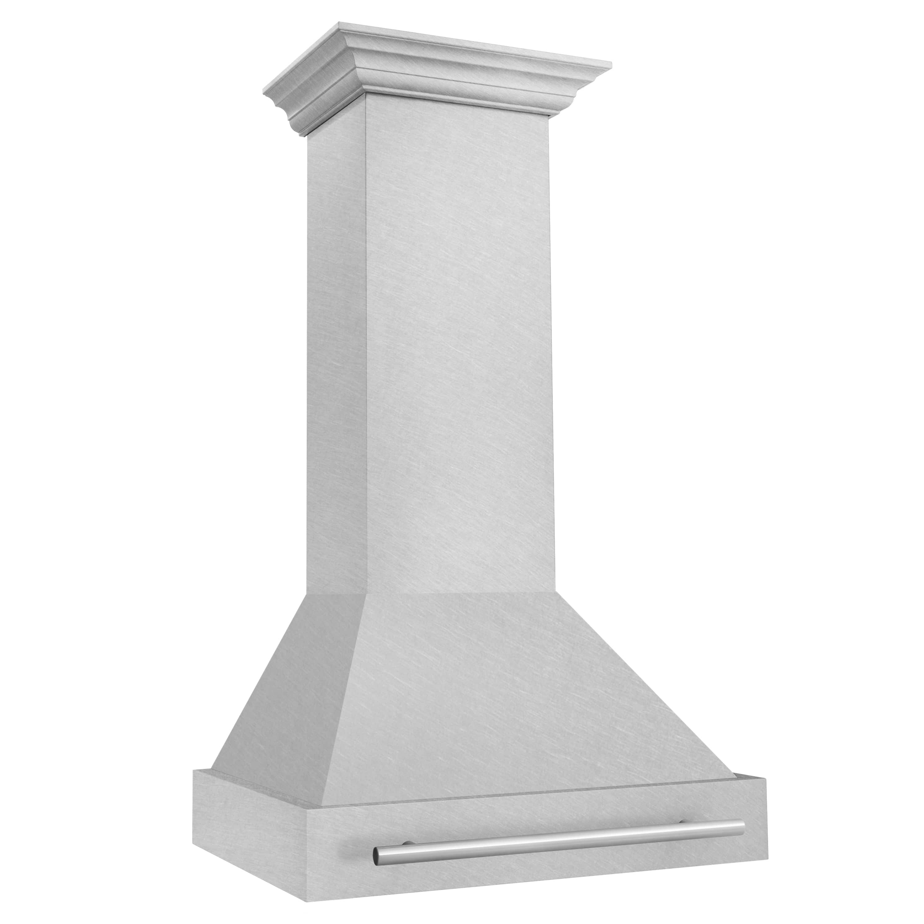 Satin stainless steel wall mount range hood with tall chimney body and front handle bar
