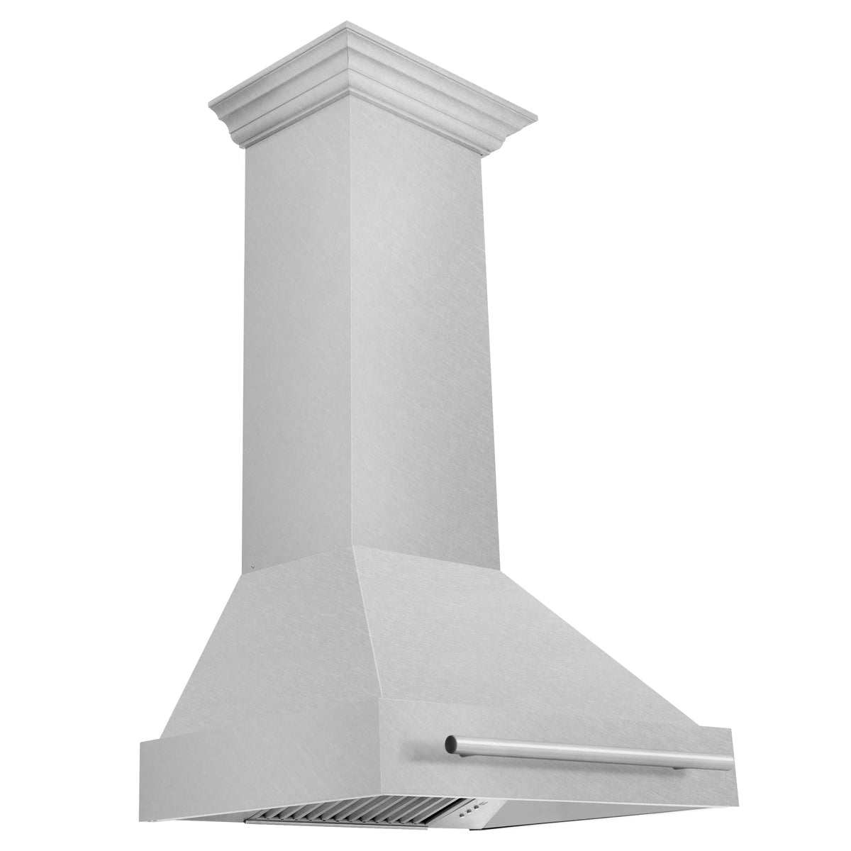 Satin stainless steel wall mount range hood with chimney and curved front handle bar