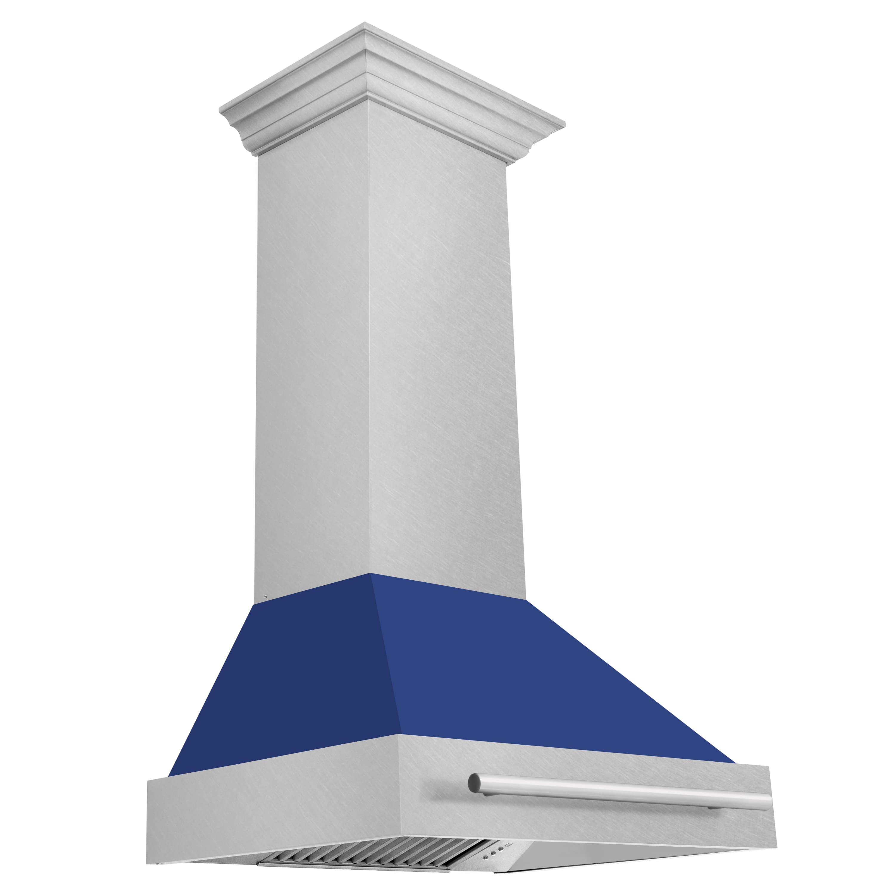 Wall-mounted range hood with satin stainless chimney and blue matte shell, vent panel