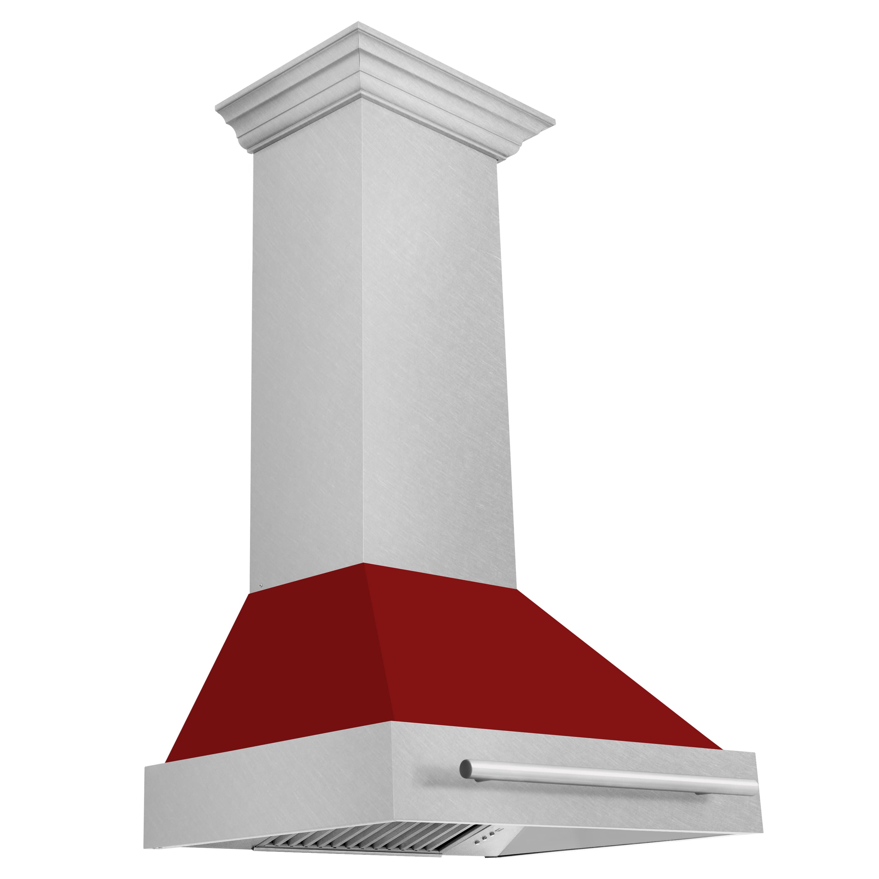 Wall mount range hood with satin stainless chimney and red glossy canopy