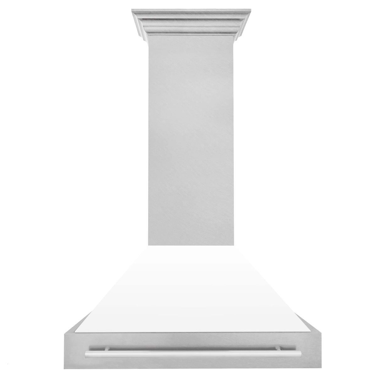 Wall mount range hood with white matte chimney and stainless hood with vent handle