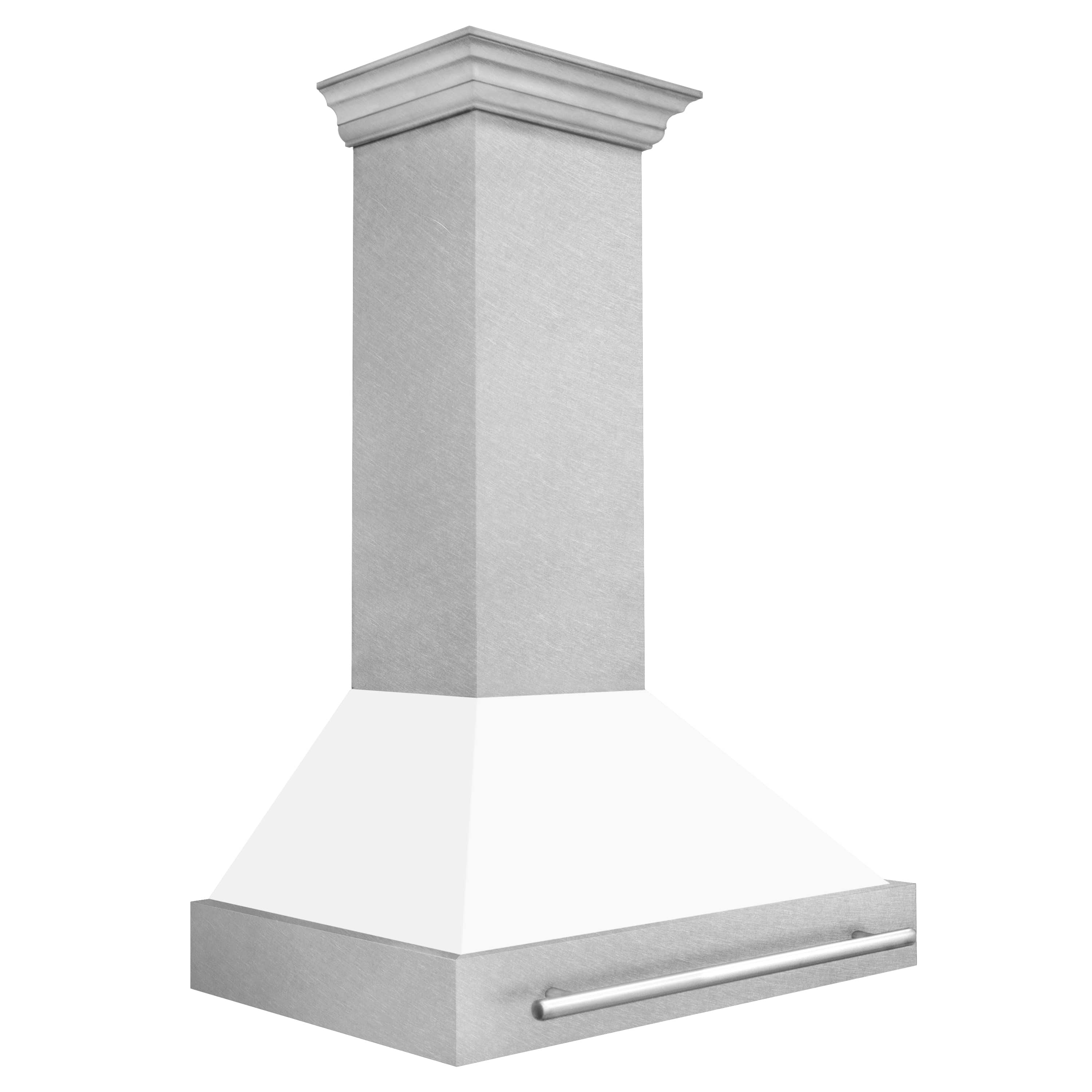 Wall mount range hood chimney with white matte finish and horizontal stainless vent handle