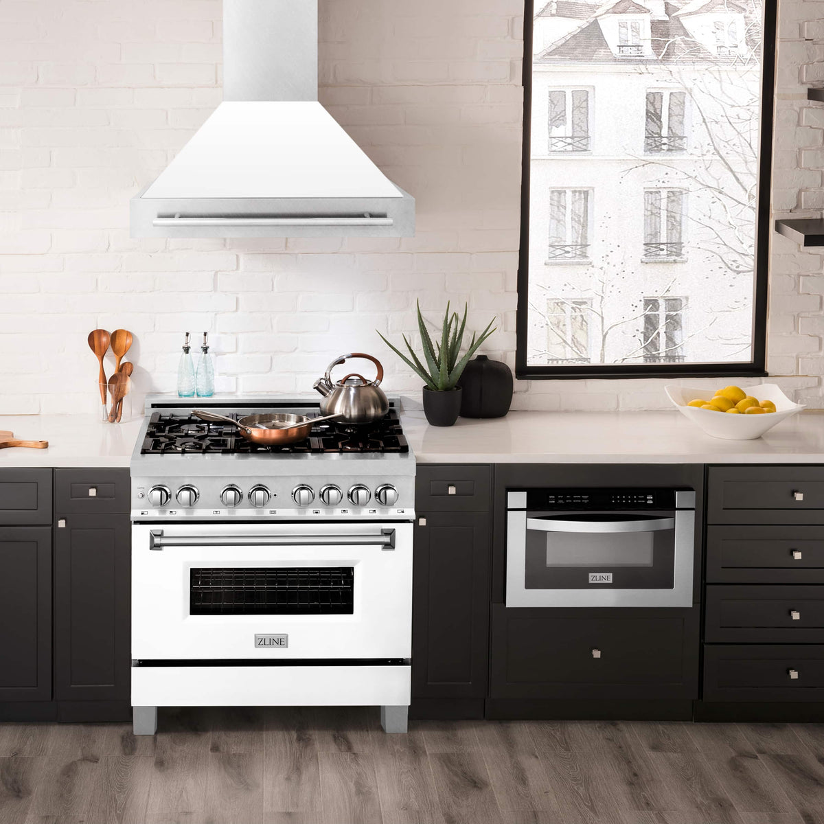 Wall mount range hood with stainless hood, white matte chimney, and baffle filter vents