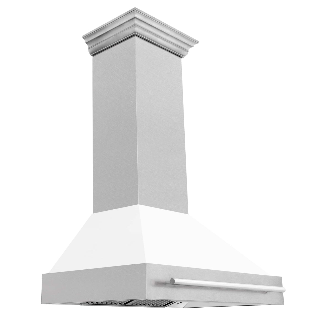 Wall mount range hood chimney with decorative crown trim and long stainless handle