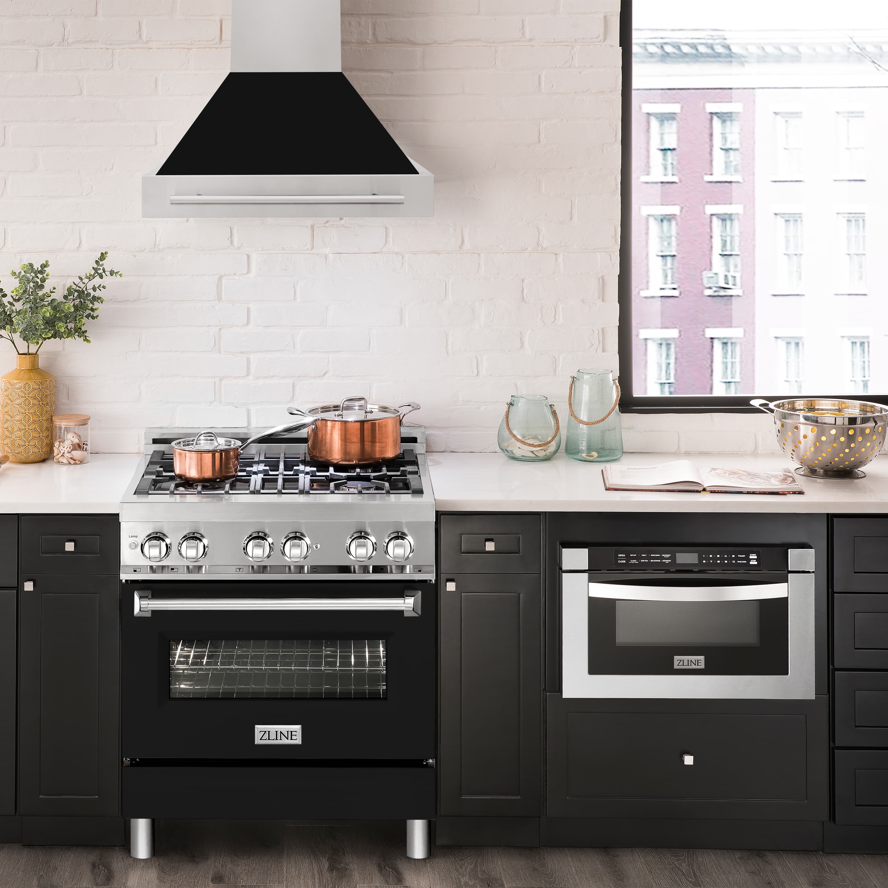 ZLINE wall mount range hood over stove, black flue and stainless chimney with pull handle