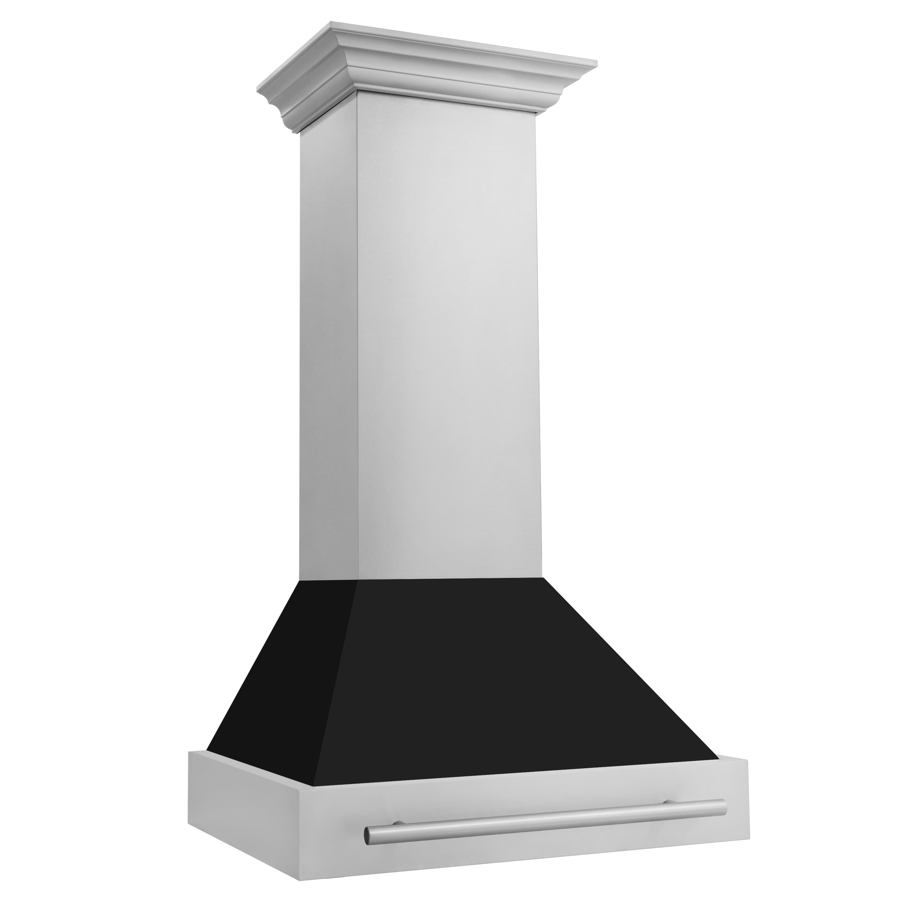 ZLINE wall mount range hood, stainless chimney and black flue with pull-out vent drawer