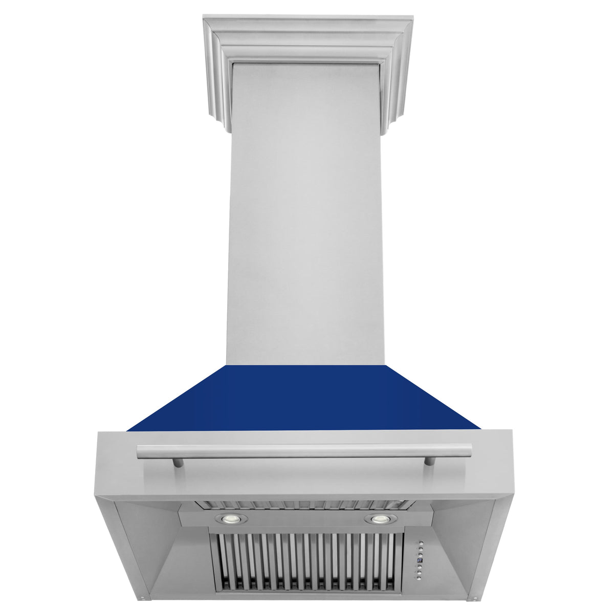 Stainless steel wall mount range hood with blue glossy canopy and vented filter grille