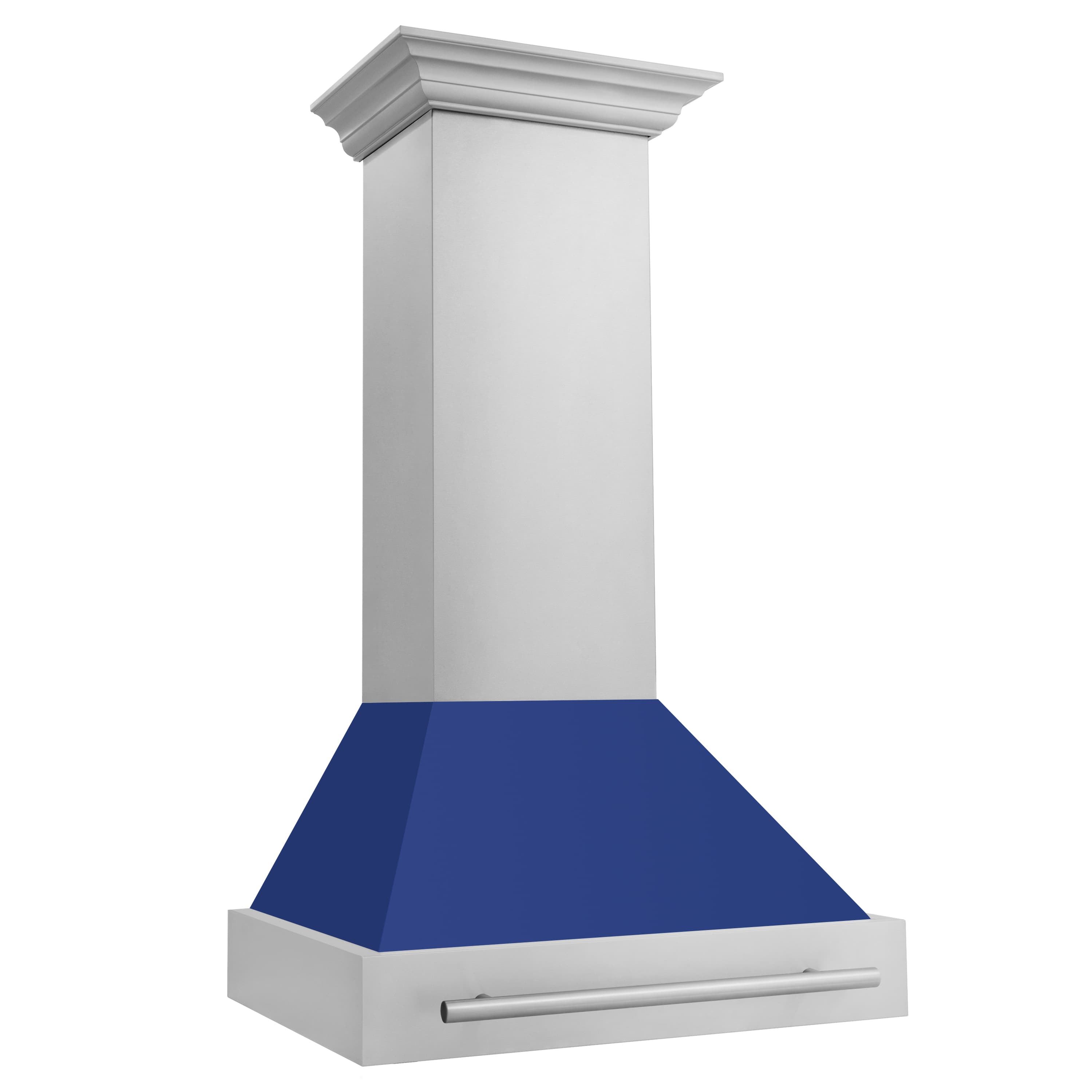 Wall mount range hood with white chimney, blue matte canopy, and stainless steel handle bar