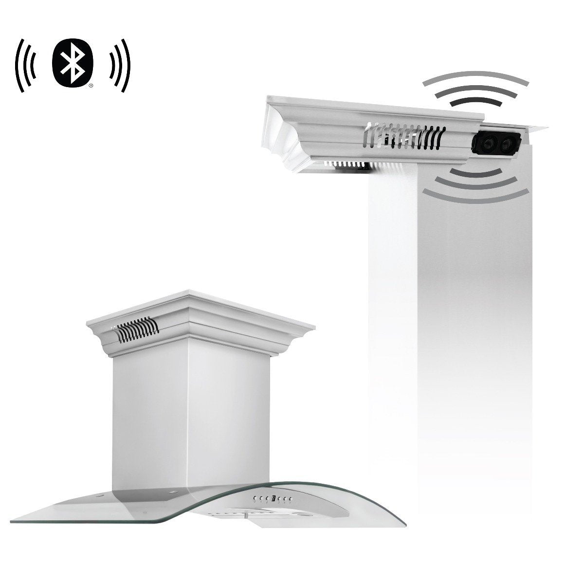 Wall-mount range hood with built-in Bluetooth speakers and vented top grille