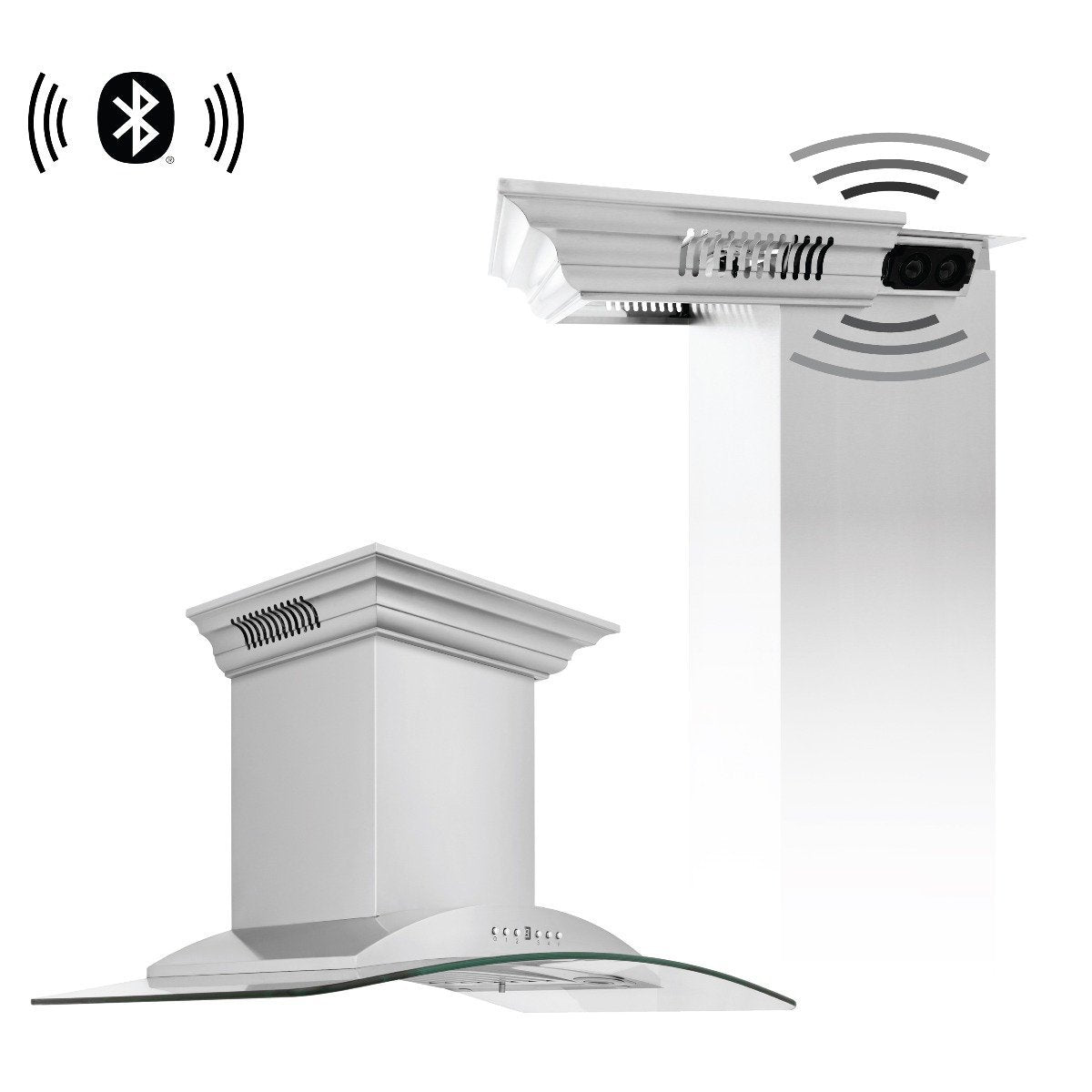 Stainless steel wall mount range hood with built-in Bluetooth speakers and vent louvers