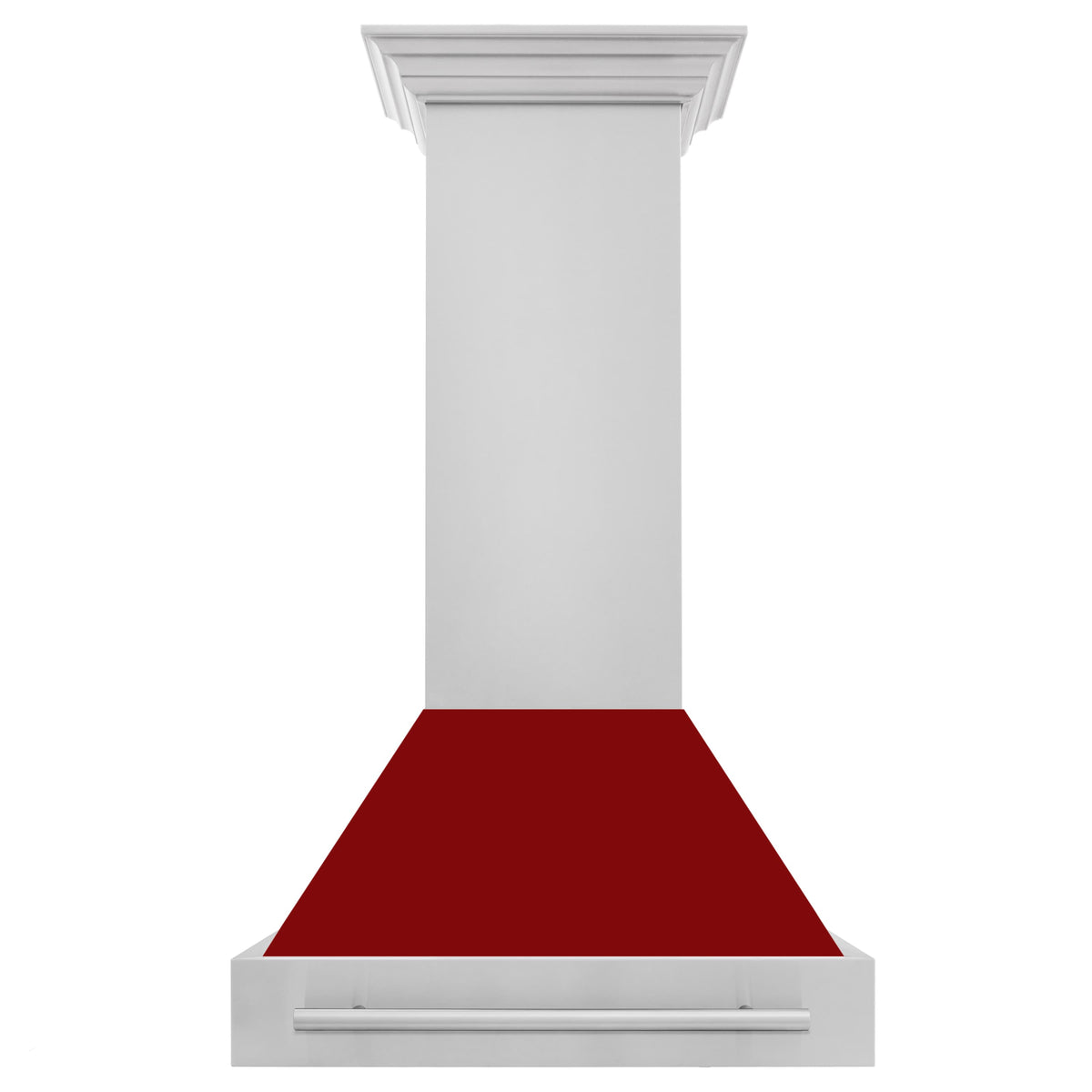 Wall-mounted range hood front view with red glossy hood shell and light gray chimney