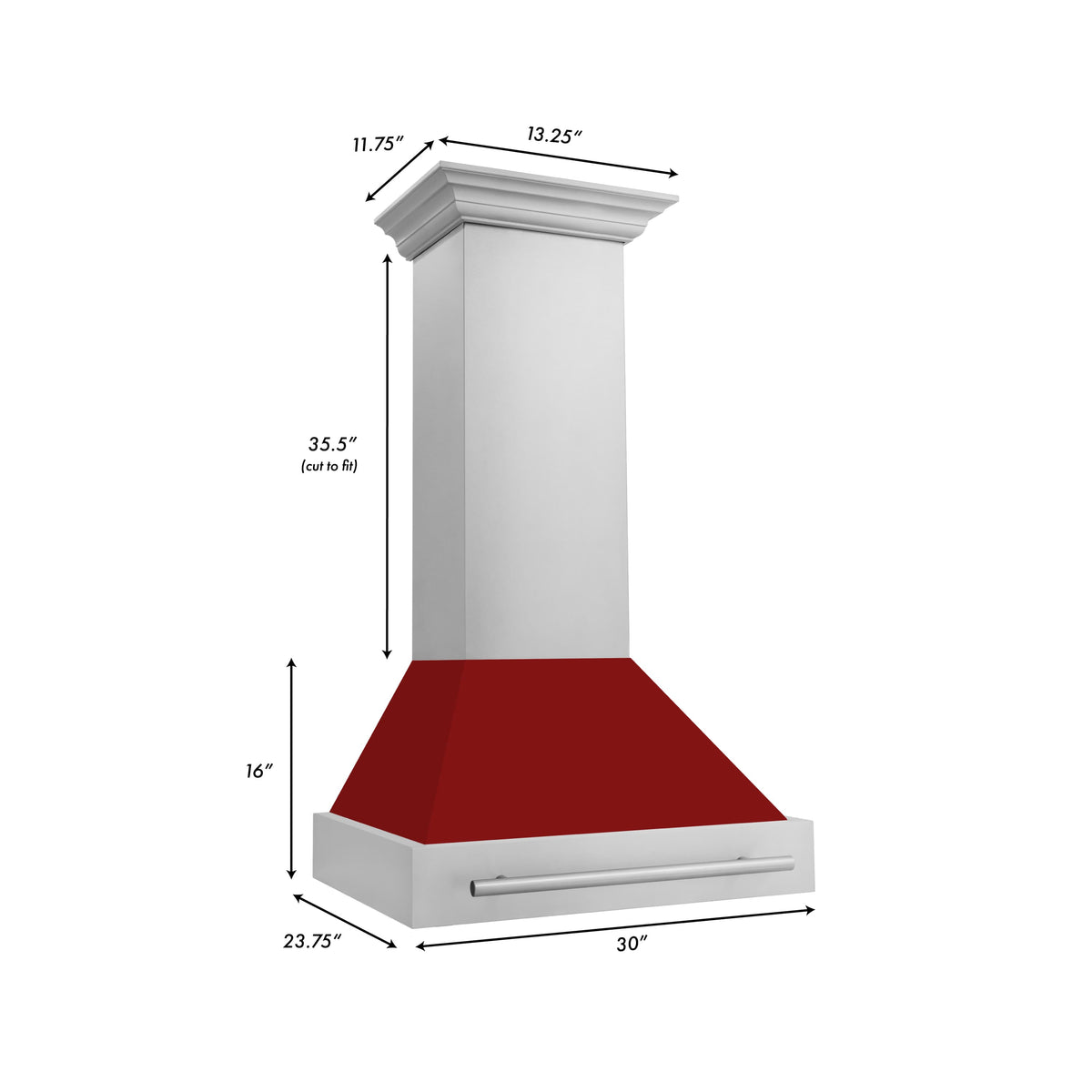 Wall-mounted range hood dimensions diagram with red glossy hood shell