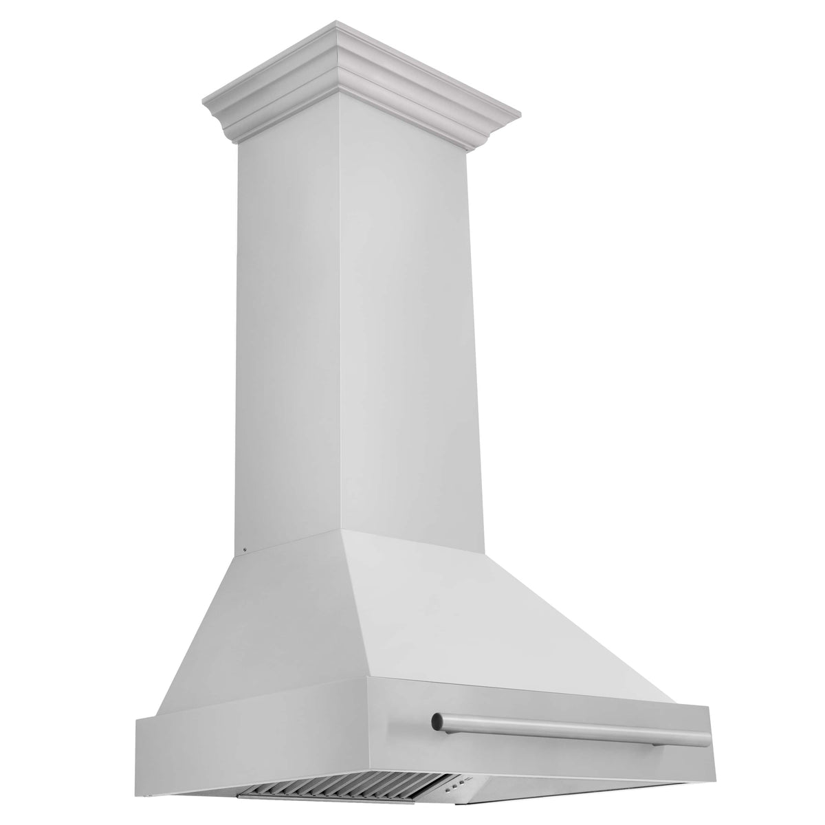 Stainless steel wall-mount range hood with horizontal handle and vented grille