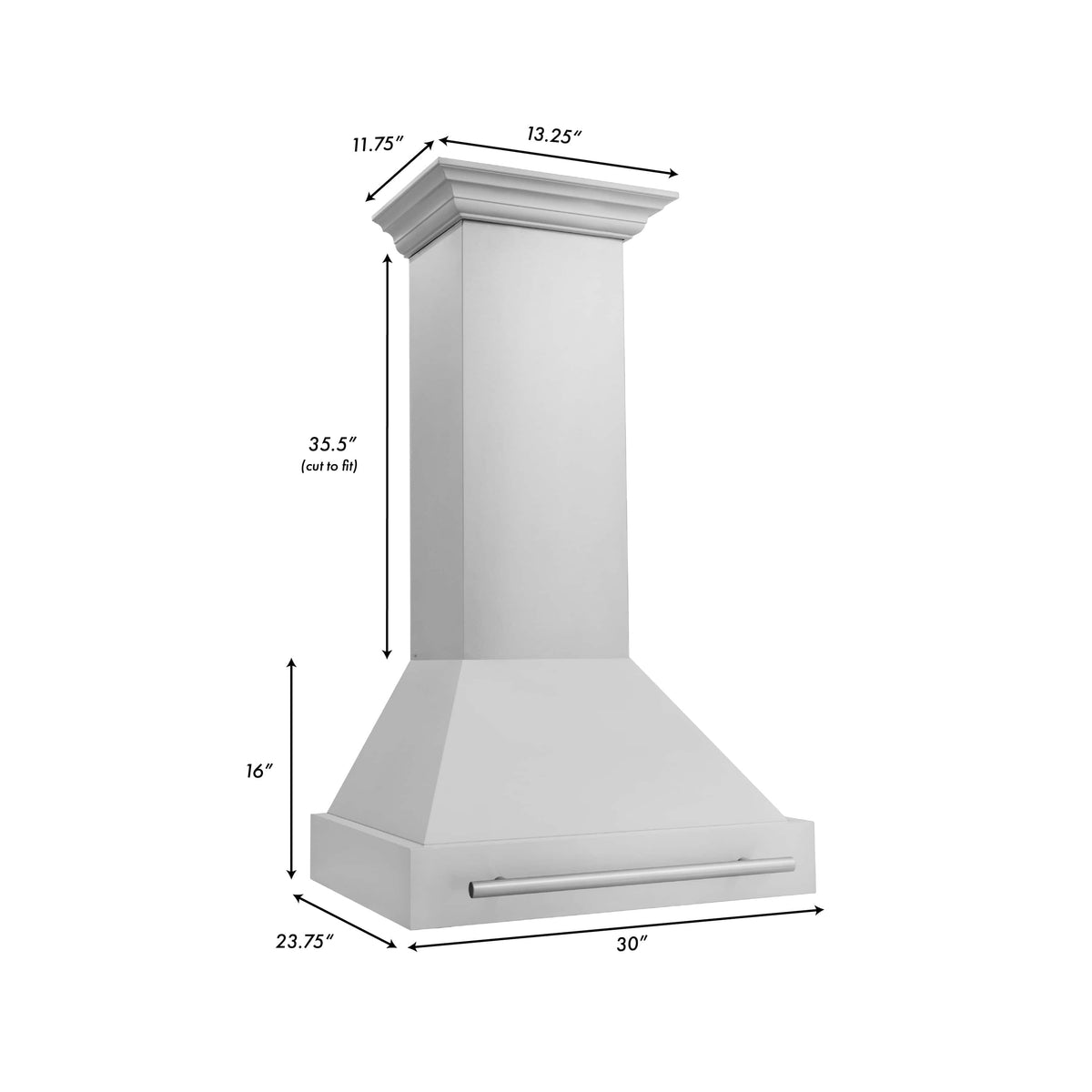 Stainless steel wall-mount range hood dimension diagram with handle