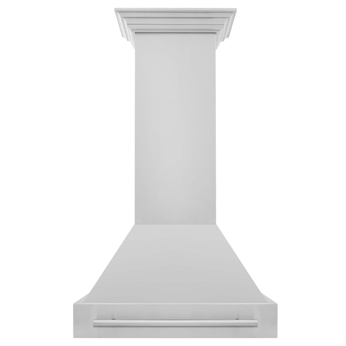 Stainless steel wall-mount range hood front view with slim handle