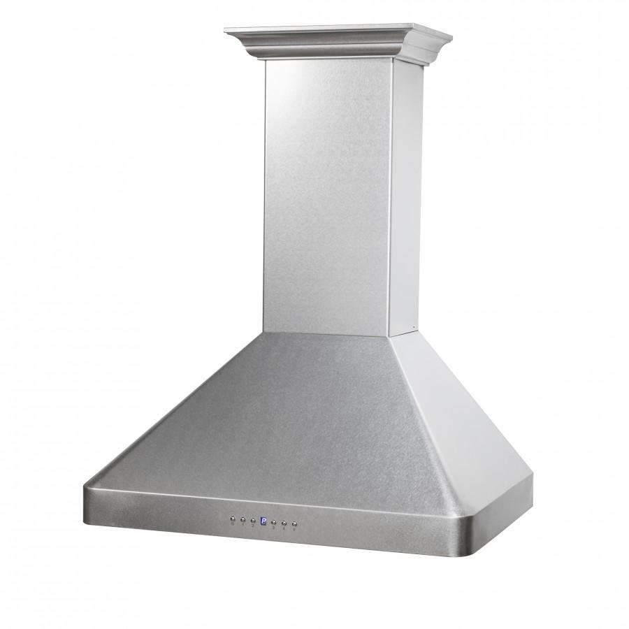 Satin stainless wall mount range hood chimney with curved vent canopy and controls