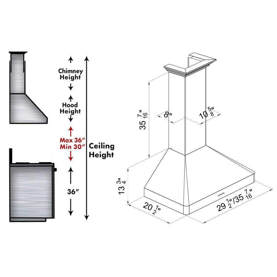 Wall mount range hood installation dimensions diagram with chimney height measurements