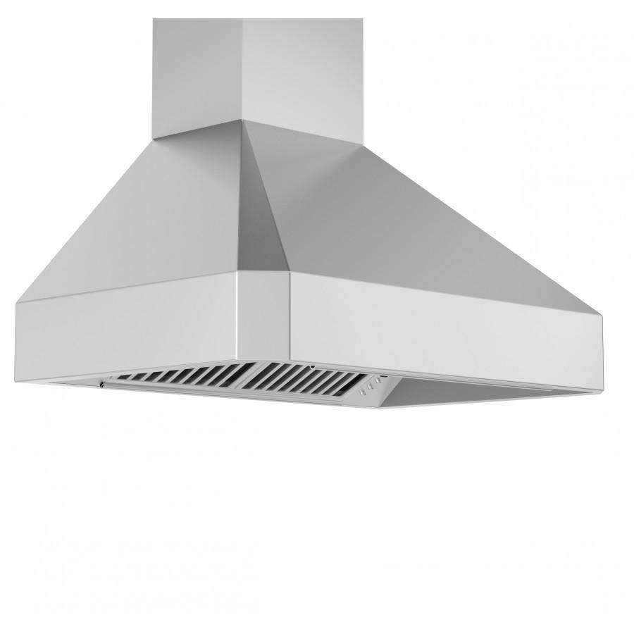 White wall range hood with integrated vent grille on the underside