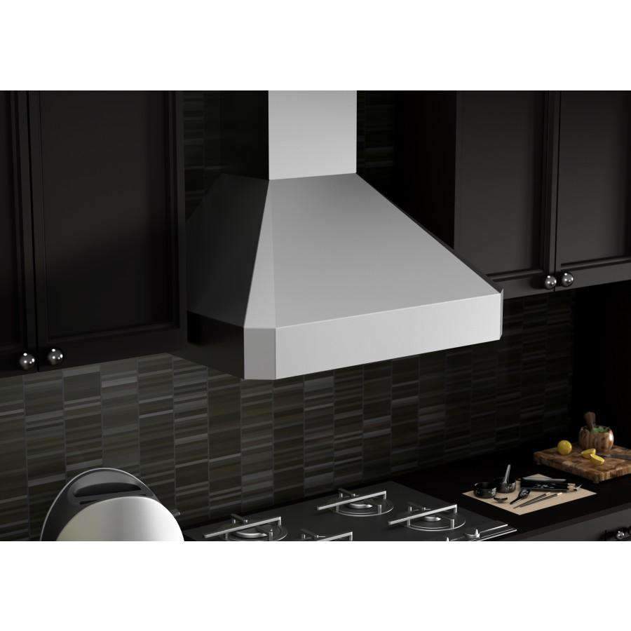 White wall-mounted range hood with box canopy and front vent grille