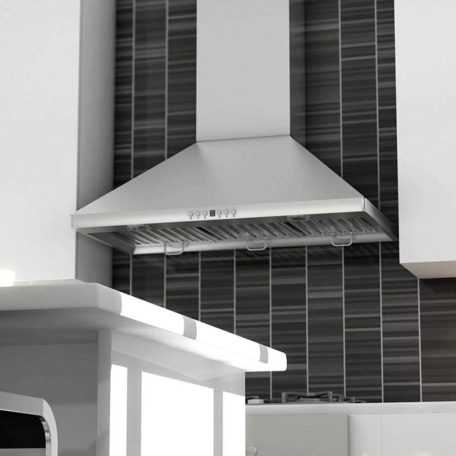Stainless steel wall range hood with chimney-style flue and vent canopy