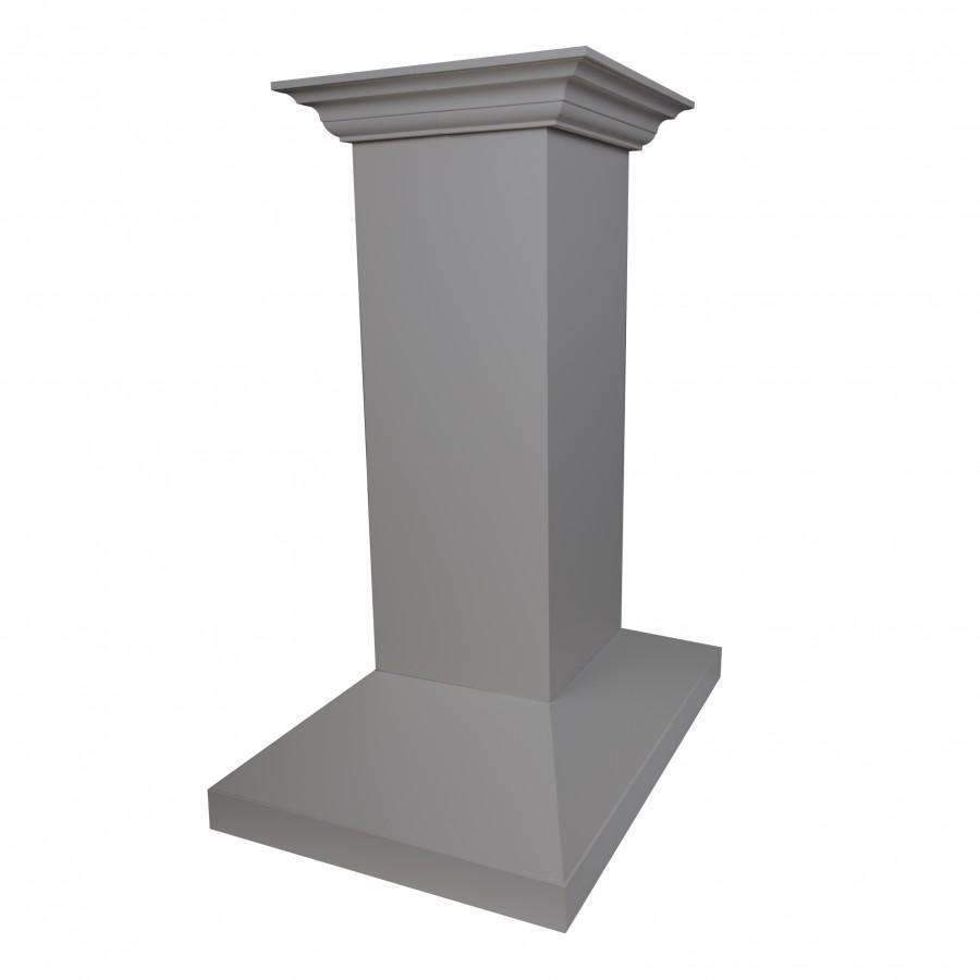 Island range hood chimney housing with crown molding detail, gray