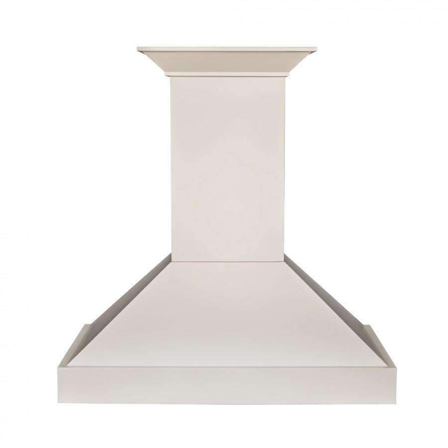 Cottage white chimney-style range hood with wide canopy and vented baffle area