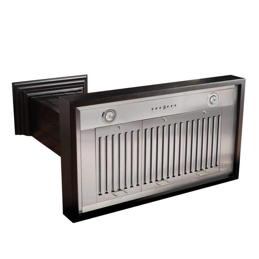 Black 30-inch wooden wall range hood with stainless control panel and grille
