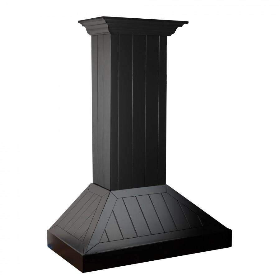 Black wooden chimney range hood with stepped crown and wide squared canopy