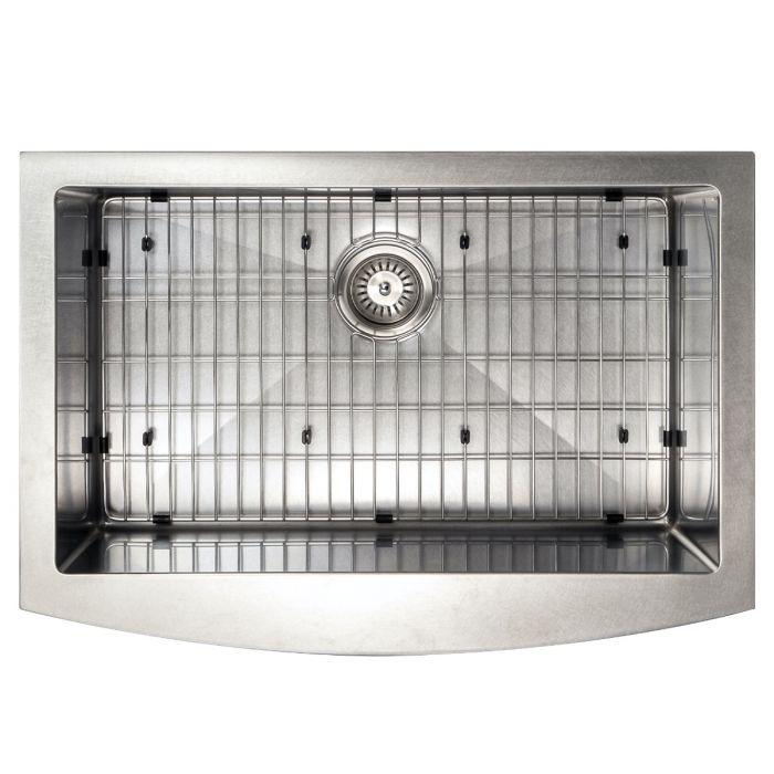 Single-bowl stainless apron sink with bottom grid and center drain