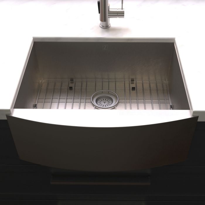 Apron-mount stainless steel single-bowl kitchen sink with bottom rack and drain