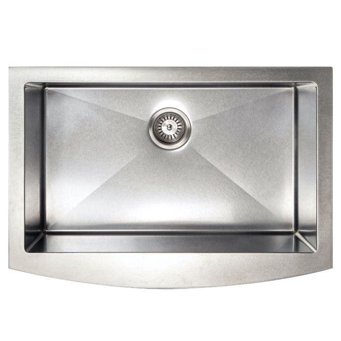 Single-bowl stainless apron sink front view with center drain