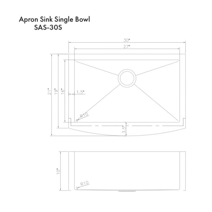 Single-bowl apron sink dimensional diagram with top view and measurements