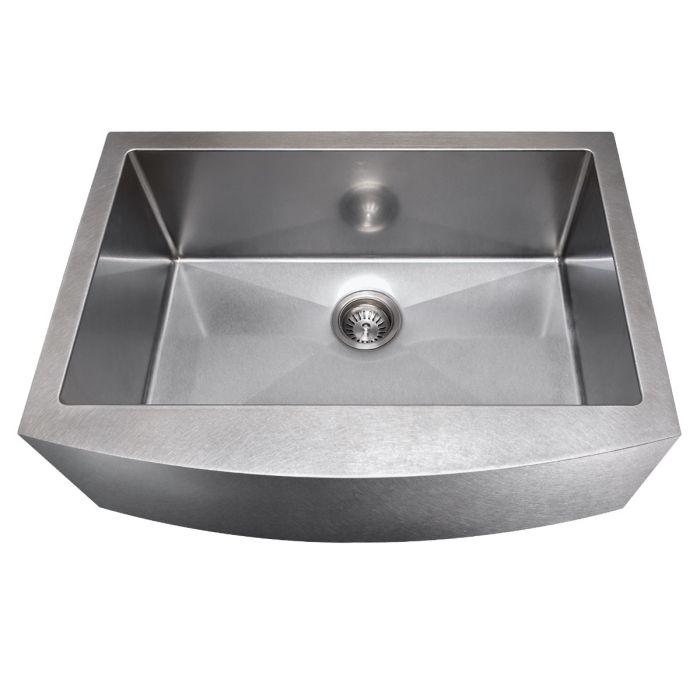 Stainless steel single-bowl kitchen sink with round drain and sloped bottom