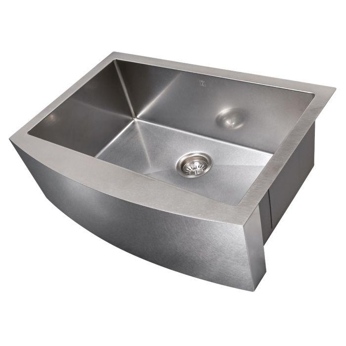 Single-bowl stainless apron sink with sloped basin and center drain