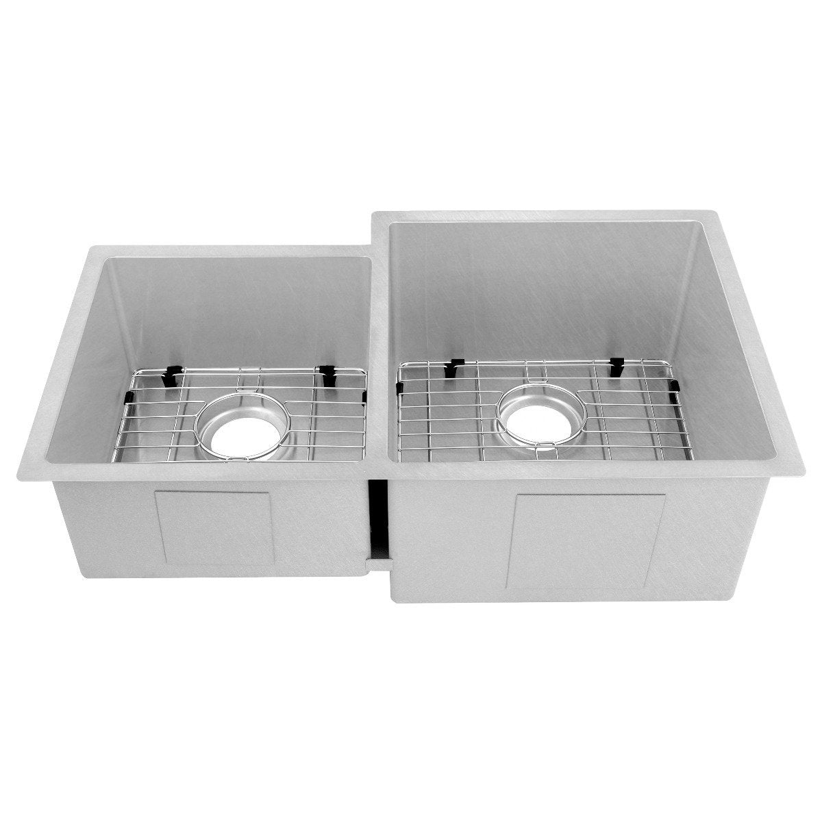 Undermount double-bowl stainless steel sink with two wire rack grids
