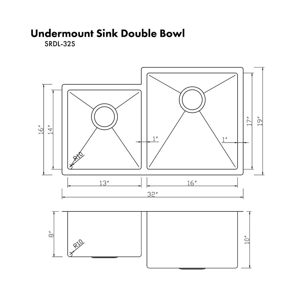 Double-bowl undermount sink dimension diagram with drain locations