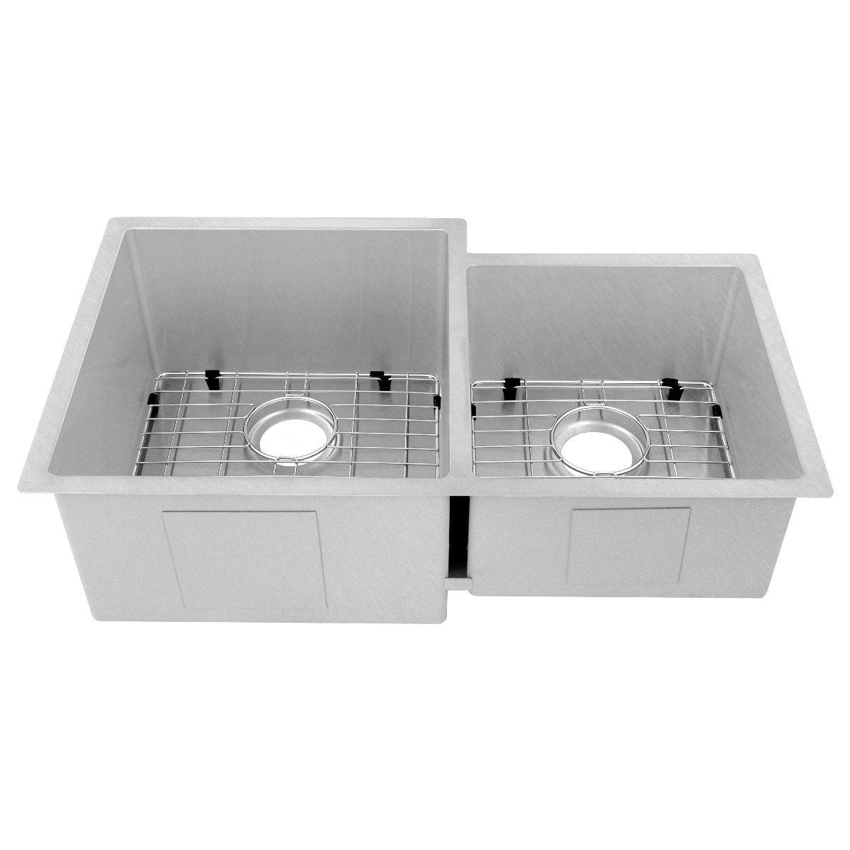 Stainless steel double-bowl sink with bottom grids, two round drain holes, center divider