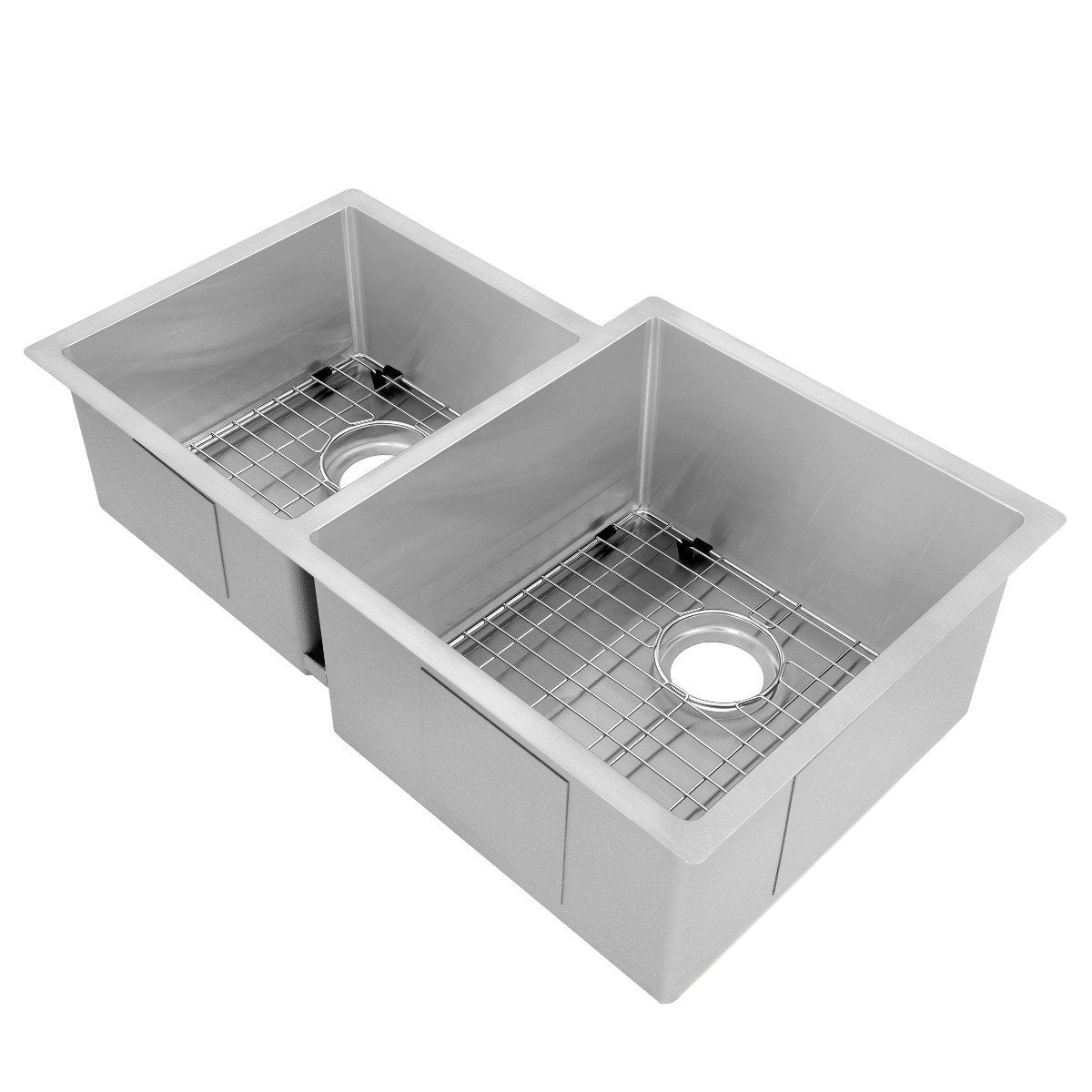 Angled stainless double-bowl kitchen sink with bottom grids and two round drain openings