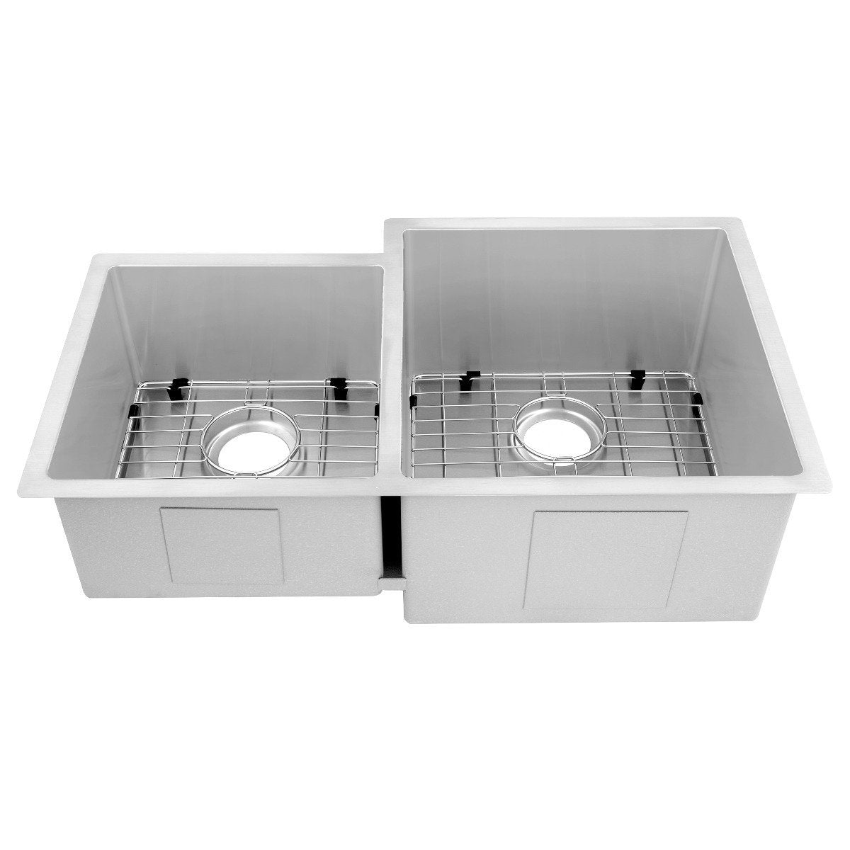 Stainless double-bowl kitchen sink with bottom grids and two round drain openings