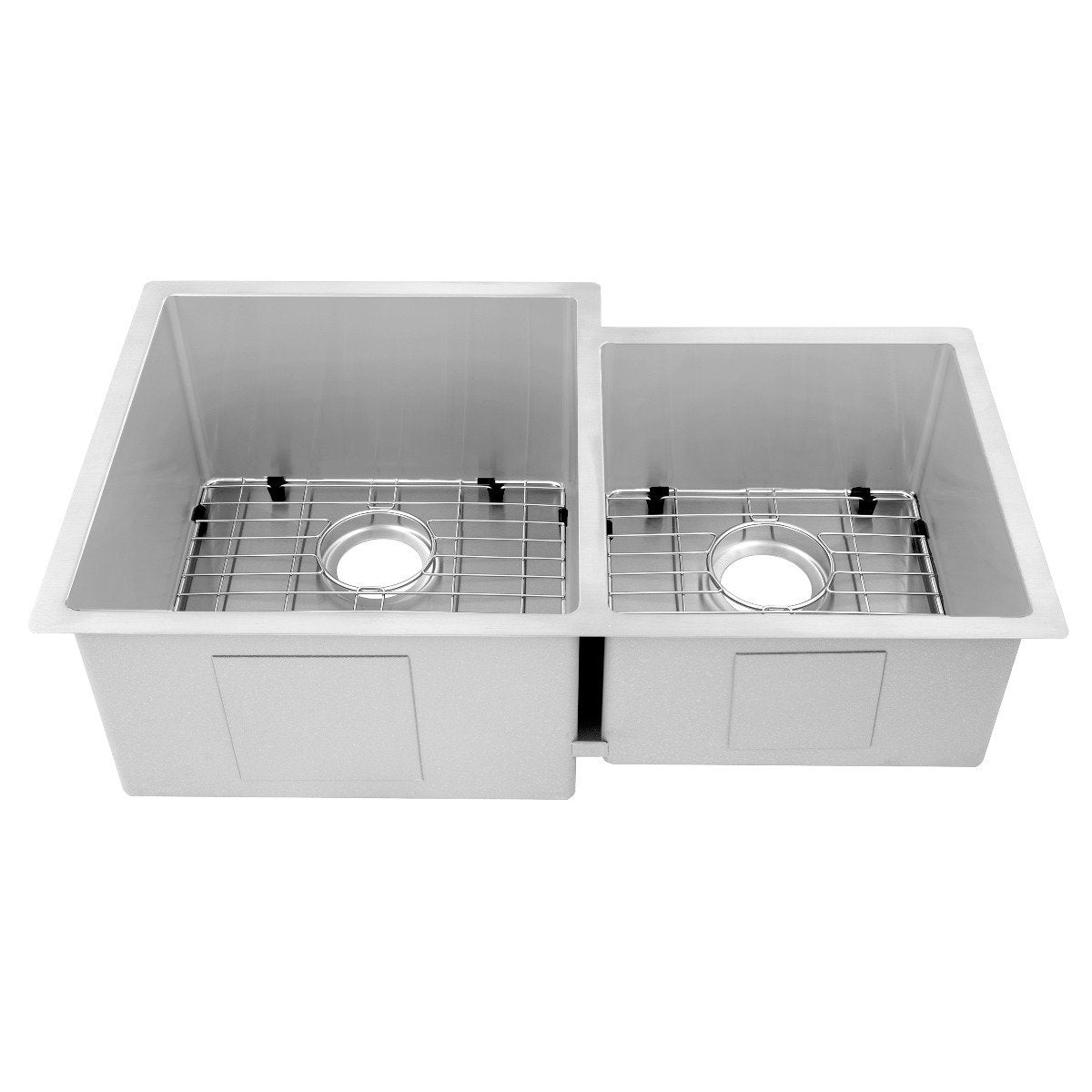 Stainless steel undermount double-bowl sink with two bottom grids and drain strainers