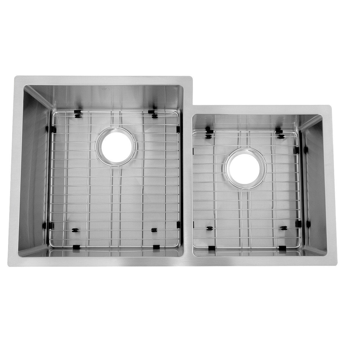 Stainless steel double-bowl sink with bottom grid racks and circular drain strainers