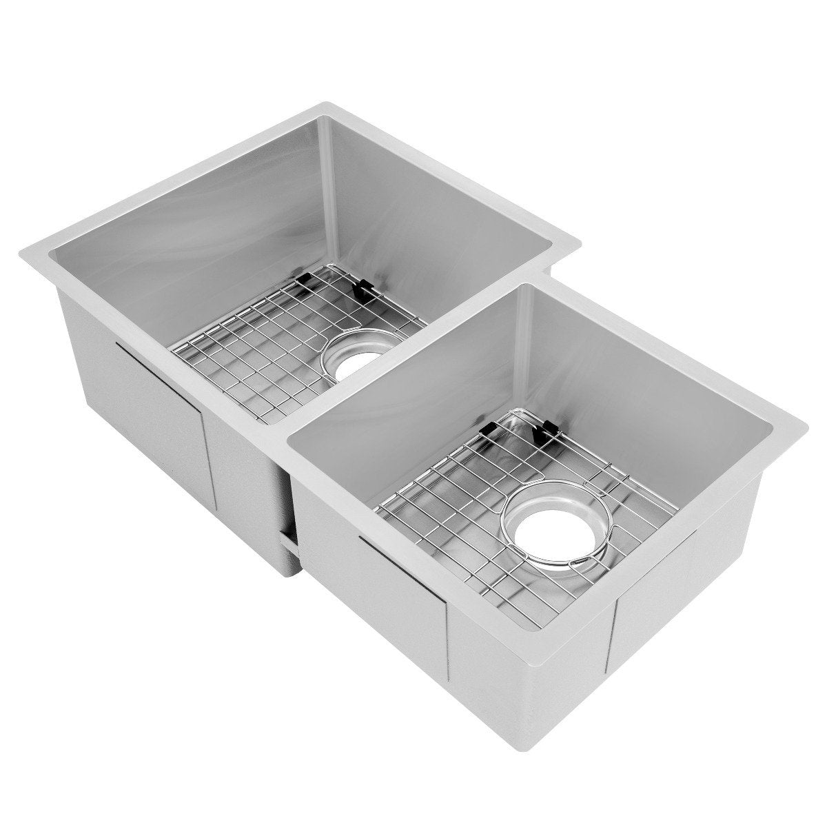 Stainless steel undermount double-bowl kitchen sink with bottom grid racks and drain covers