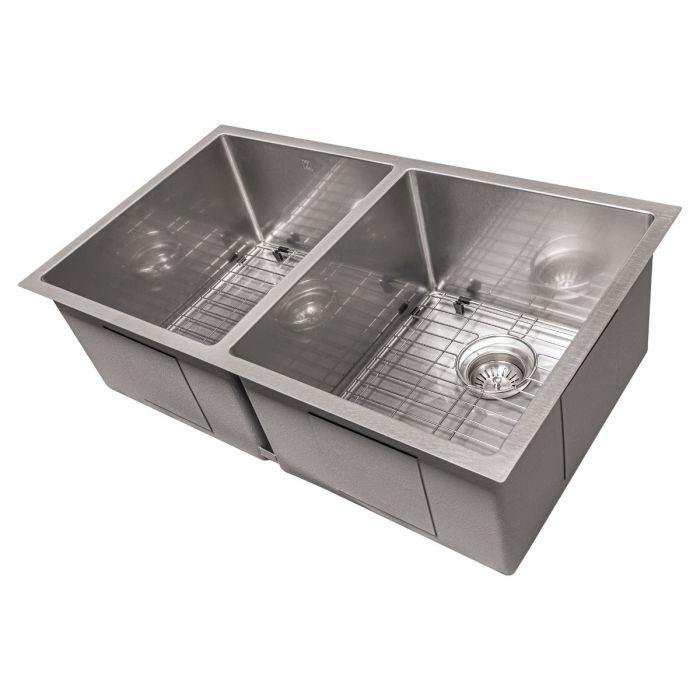Stainless steel double-bowl undermount kitchen sink with wire rack grid and round drain strainers