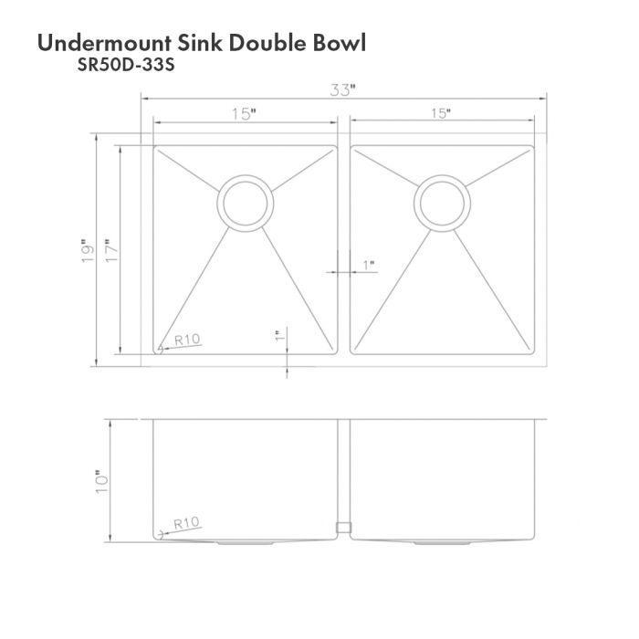 Double-bowl undermount sink dimensions diagram labeled in inches and millimeters
