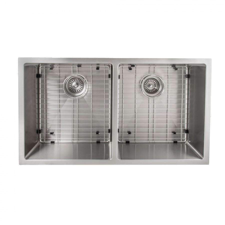Stainless steel double-bowl sink showing both basins with drain strainers