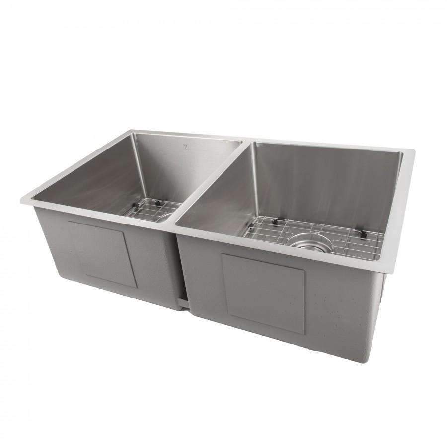 Stainless steel undermount double-bowl kitchen sink with bottom grids