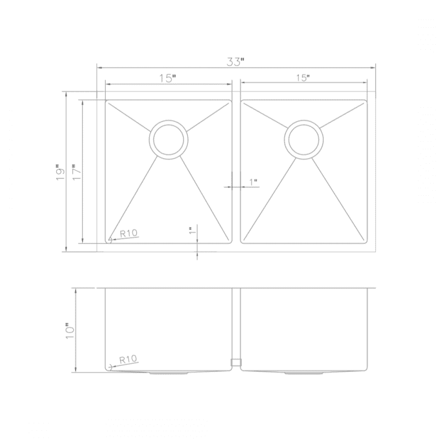Dimension diagram for 33-inch double-bowl undermount sink with R10 corners