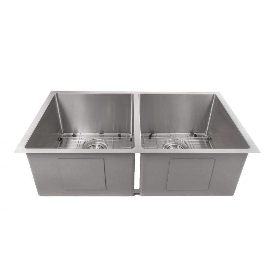 Stainless steel double-bowl kitchen sink with two drain strainers and grids