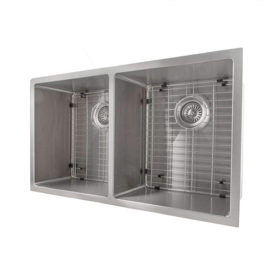 Stainless steel double-bowl sink with wire racks and round drain strainers