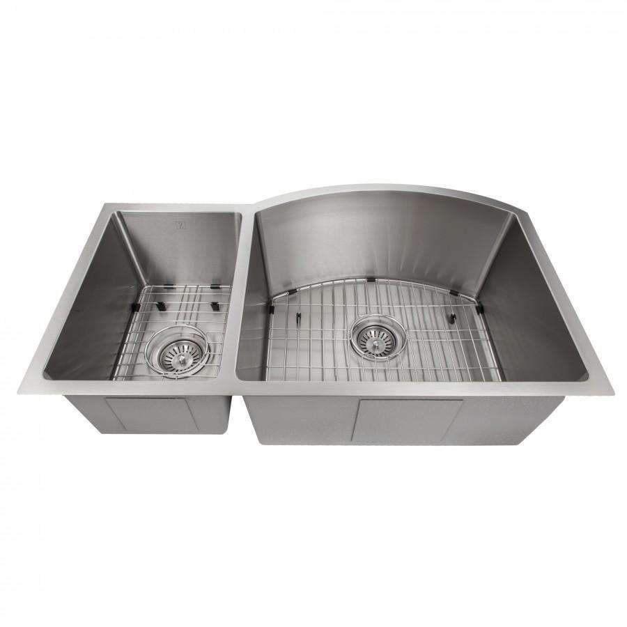 Stainless steel double-bowl kitchen sink with wire bottom grids and round drains
